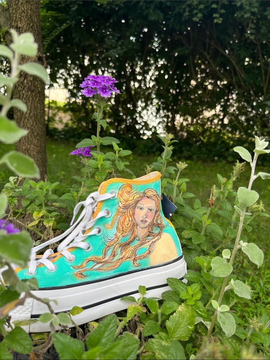 Gallery Walk Shoes - Turquoise High-Top Canvas Sneaker with Hand-Painted Portrait